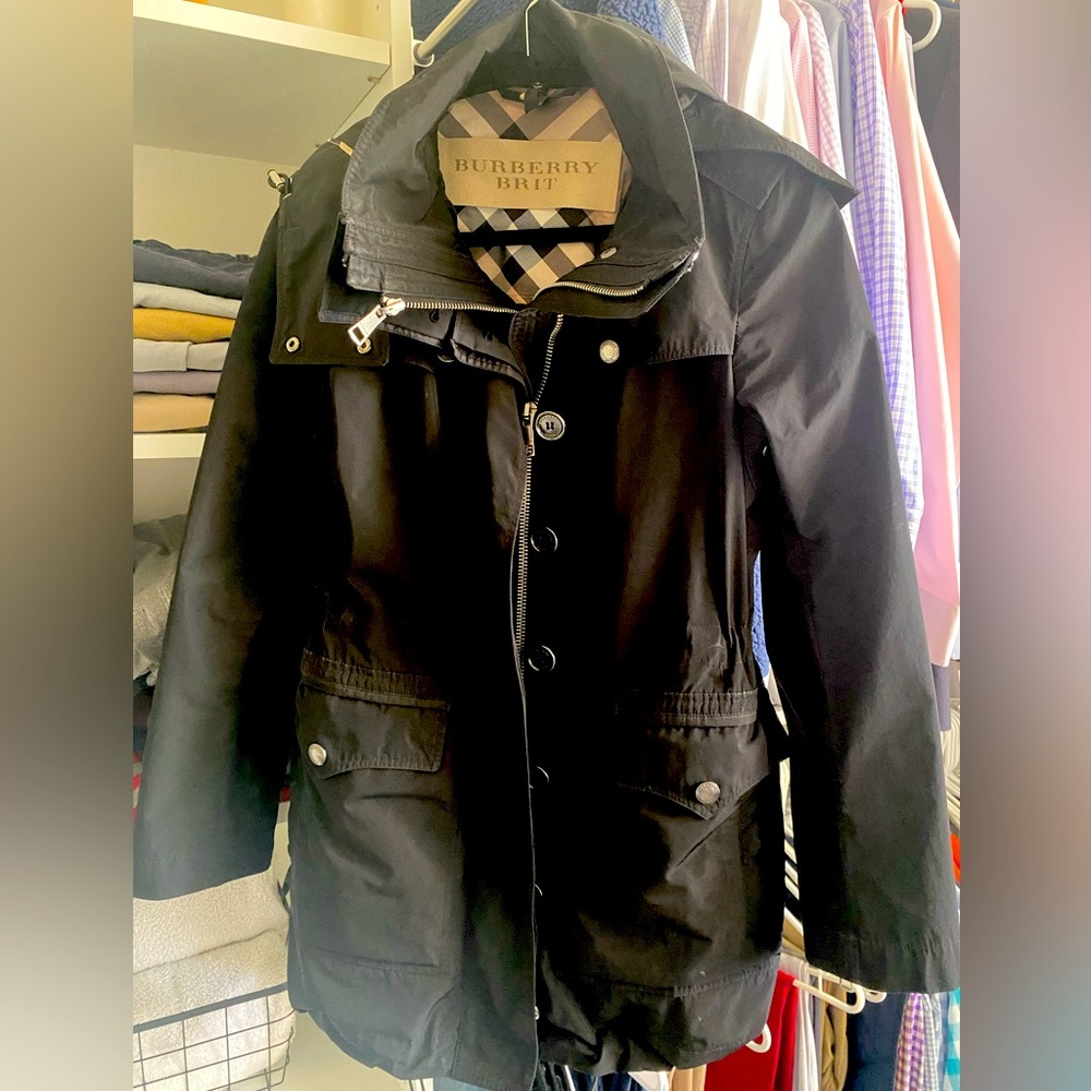 Burberry raincoat, size 2. Black coat with removable hood.
